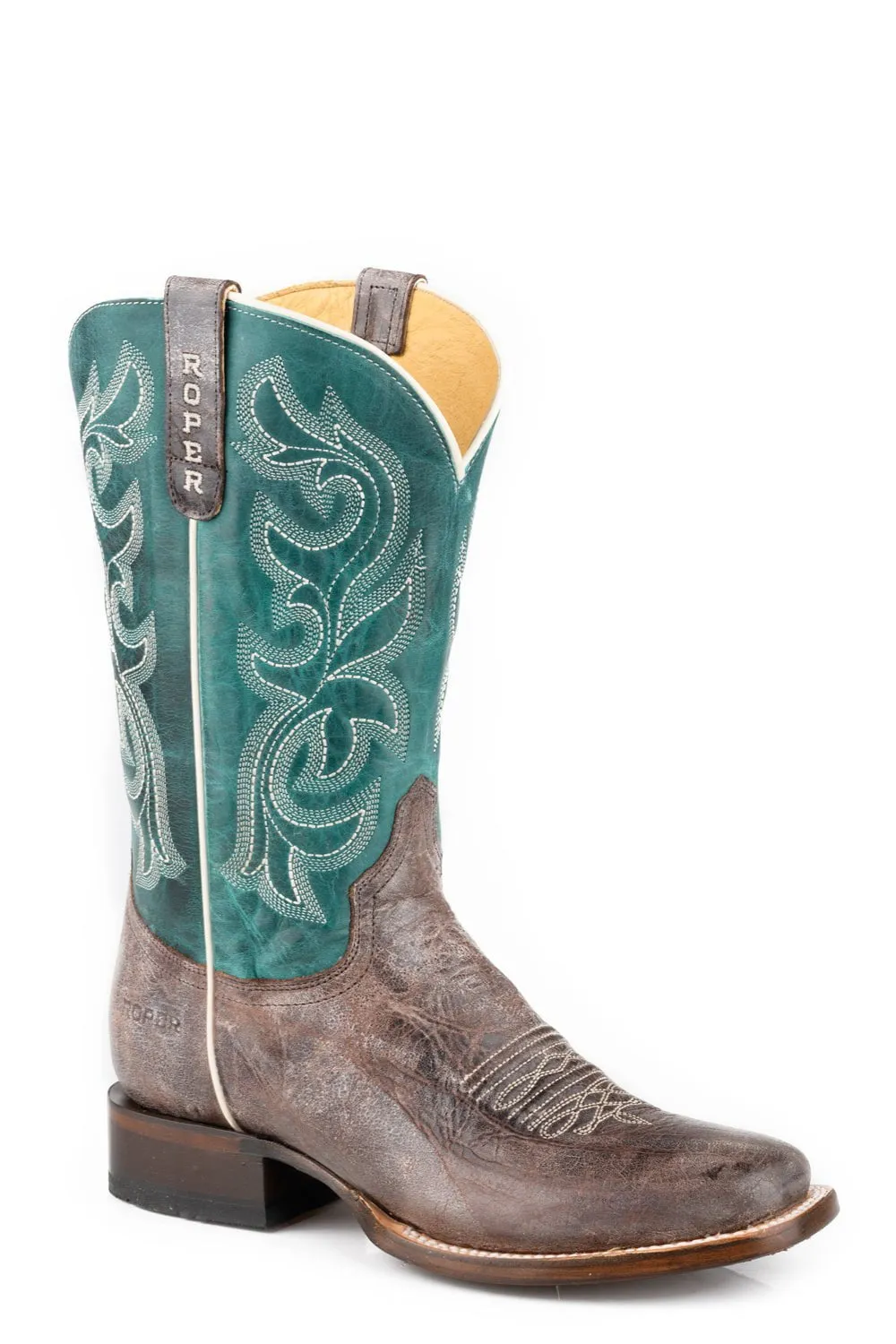 Roper Womens Harper Brown/Turquoise Leather Cowboy Boots