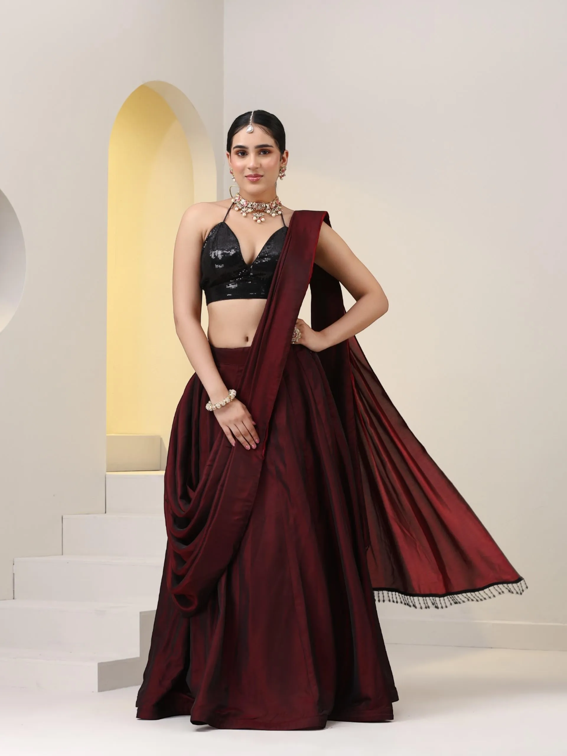 Rosewood Satin Skirt saree with Waterfall pallu and Black Sequin Blouse Fabric