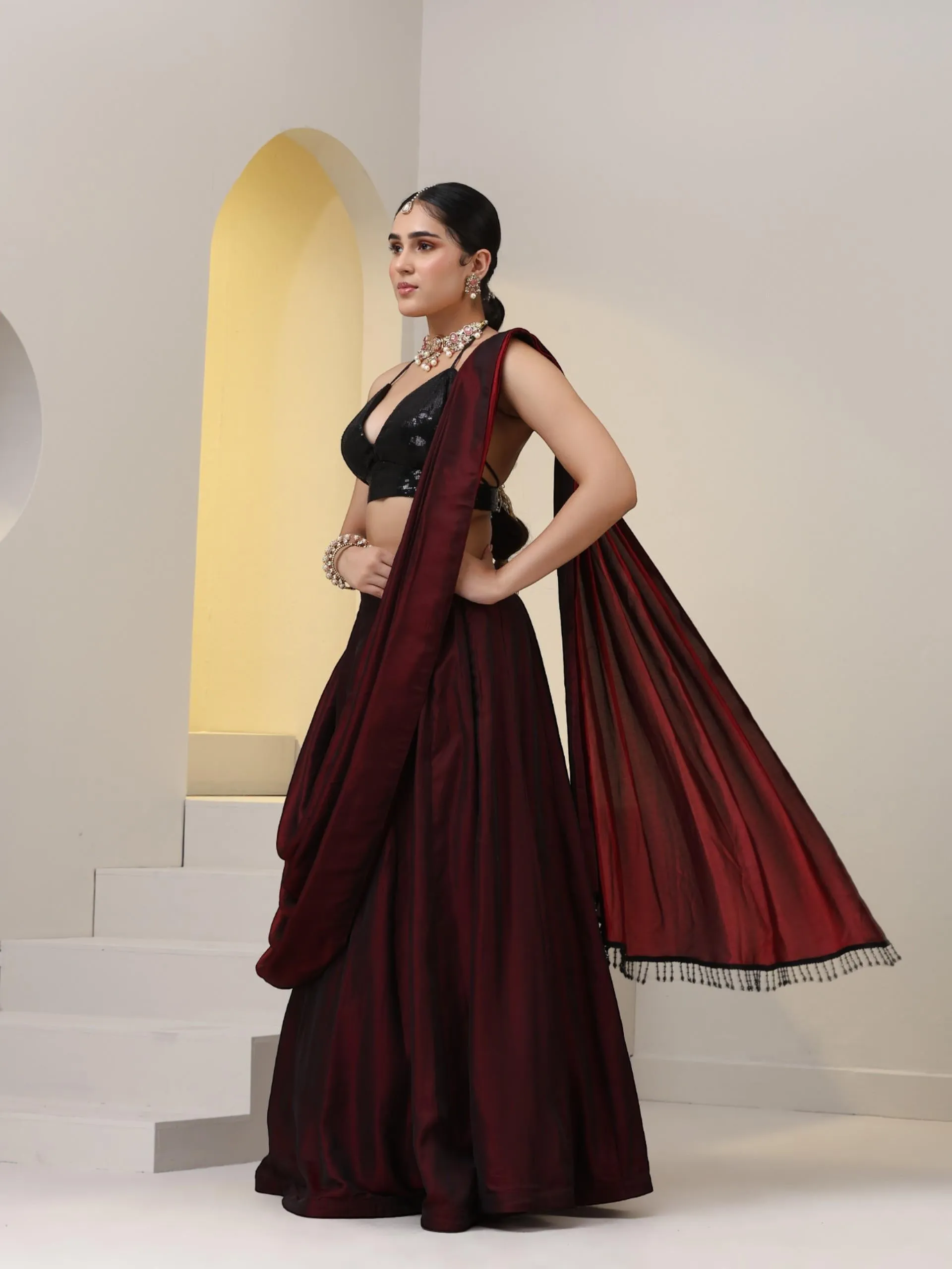 Rosewood Satin Skirt saree with Waterfall pallu and Black Sequin Blouse Fabric