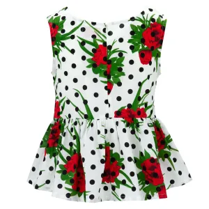 Ruched Box Top - Polka Dot Roses White