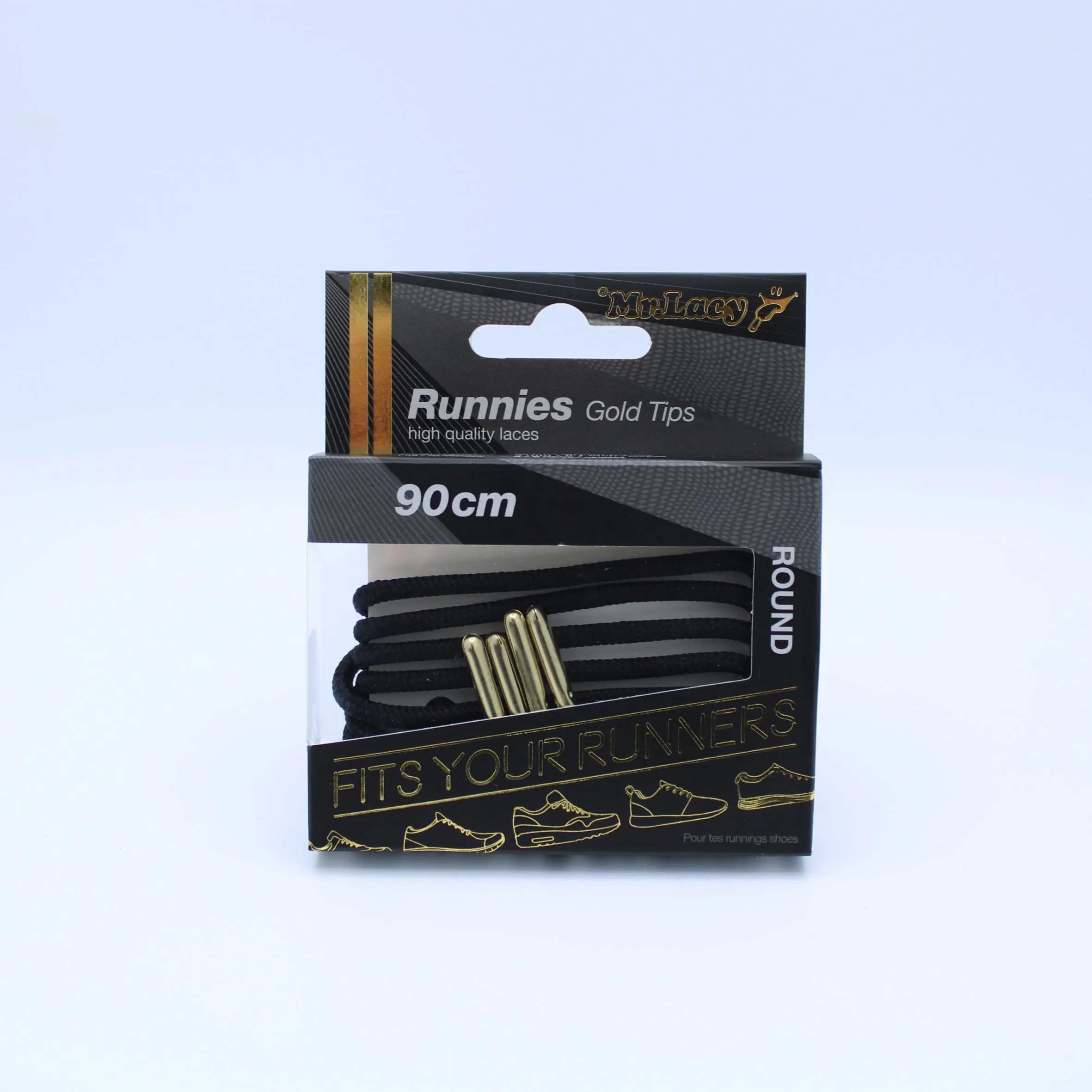 Runnies Round Metal Tips Shoelaces · Black with Gold Tip