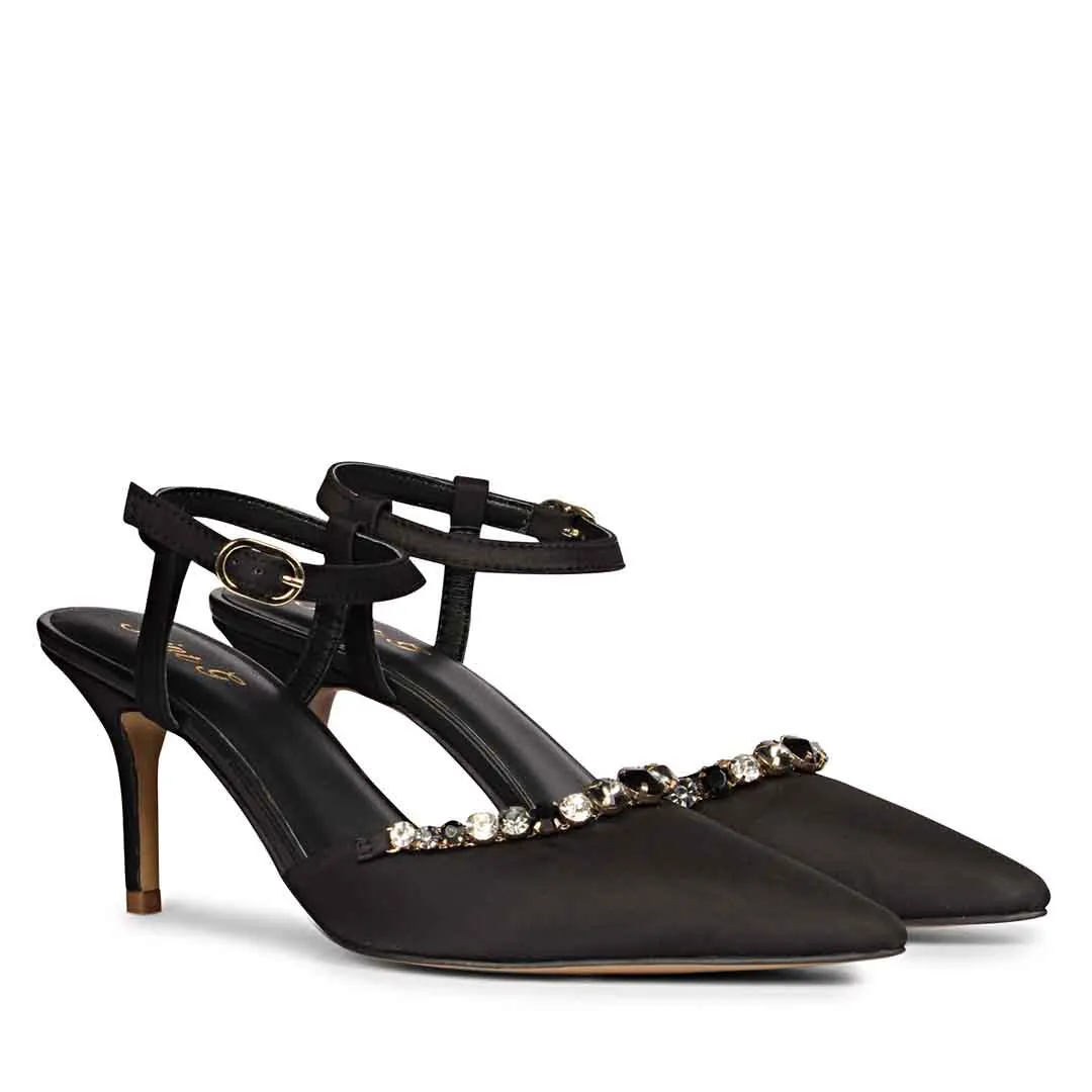 Saint Leila Multi Stone Embellished Black Nylon Fabric Pumps