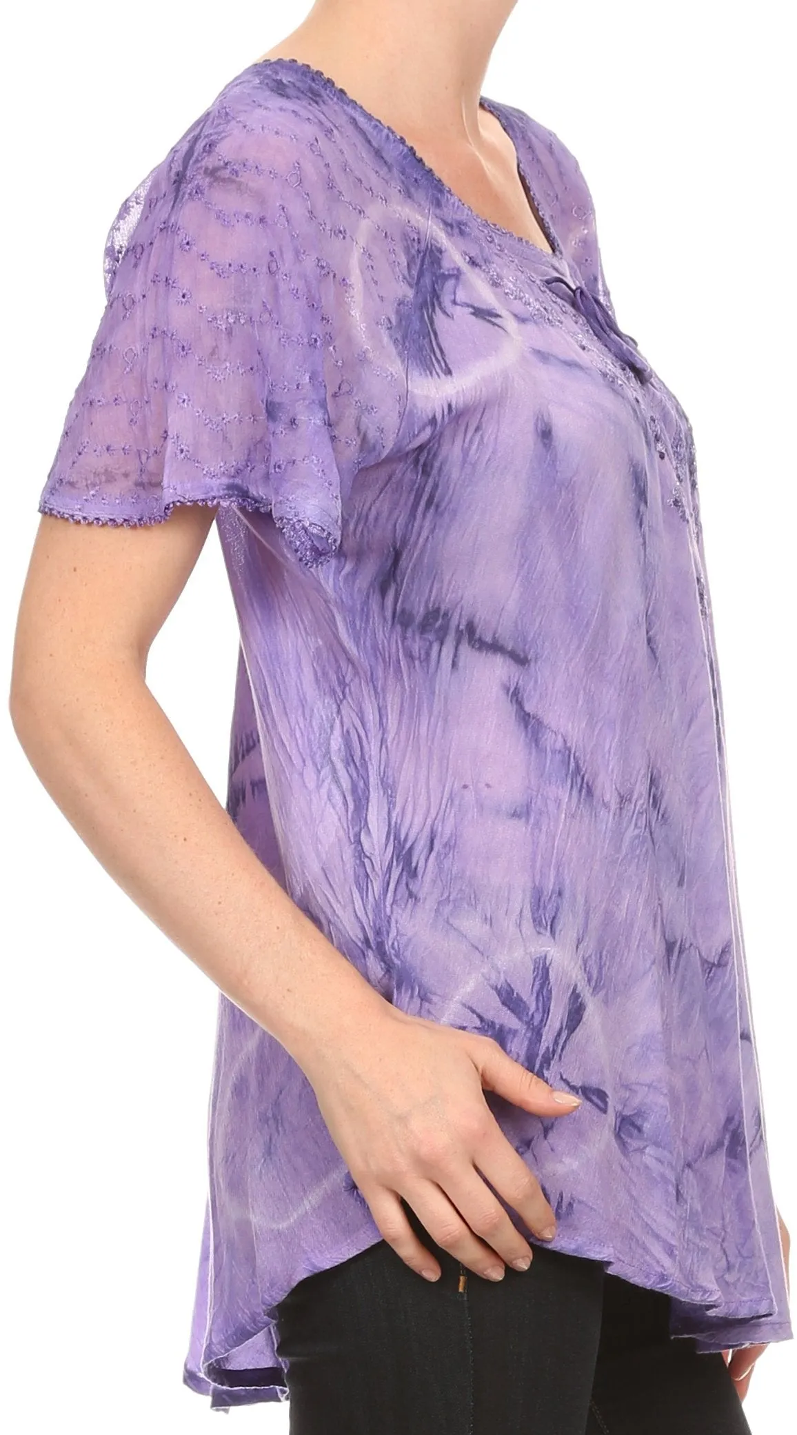 Sakkas Hana Tie Dye Relaxed Fit Embroidery Cap Sleeves Peasant Batik Blouse / Top