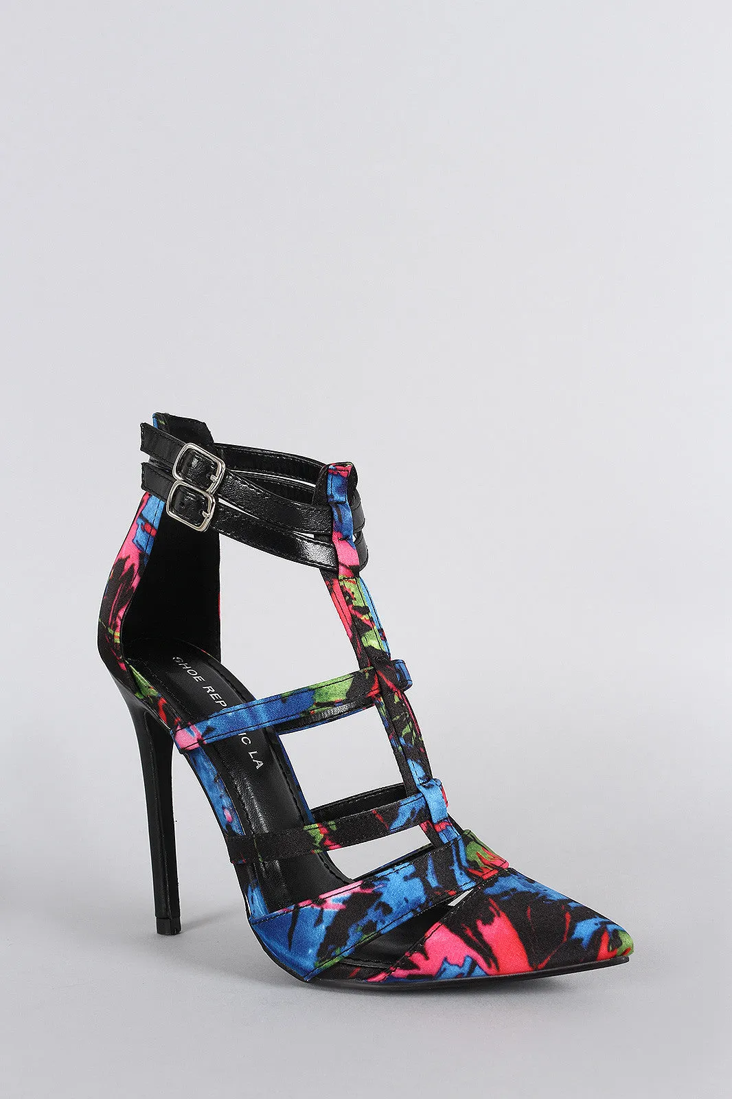 Shoe Republic LA Abstract Caged T-Strap Pointy Toe Stiletto Pump