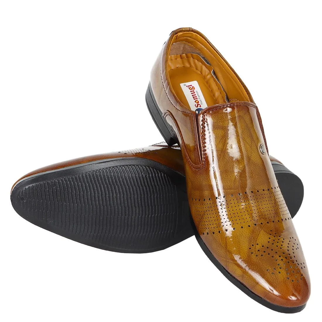 Somugi Tan Slip on Formal Shoes for Men made by Artificial Patent Leather