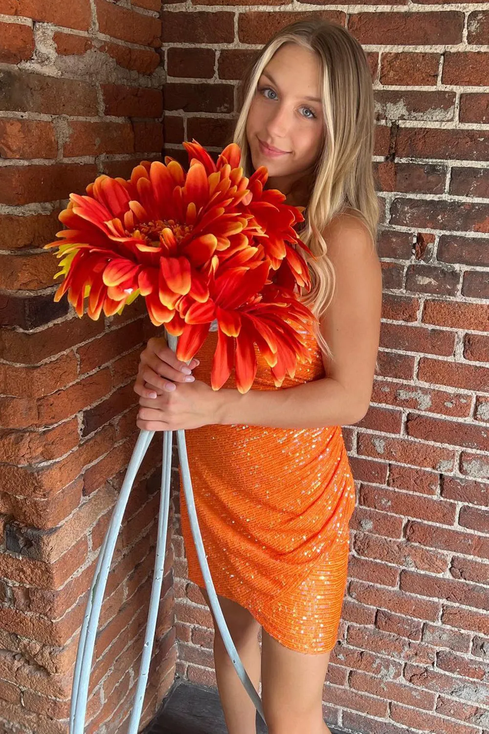 Strapless Orange Bodycon Sequins Short Homecoming Dress,Gala Dresses Short