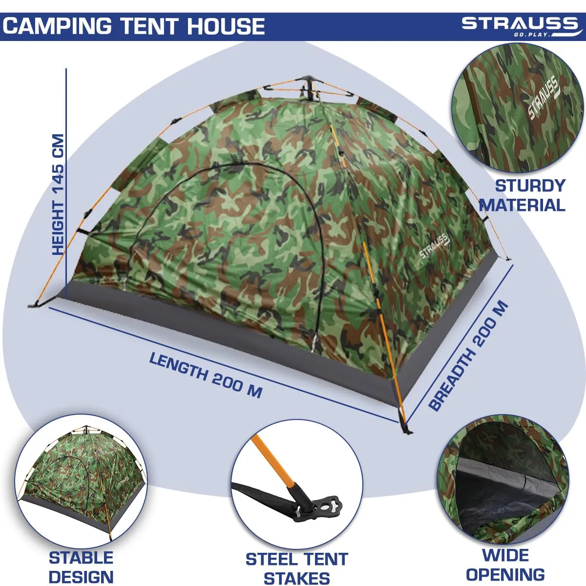 STRAUSS Portable Tent for Camping | Ideal for 4 Persons | Easy Setup for Picnic, Hiking, Trekking, Outdoor | Waterproof and Windproof with Extra Top Layer | Superior Air Ventilation (Blue and Pink)