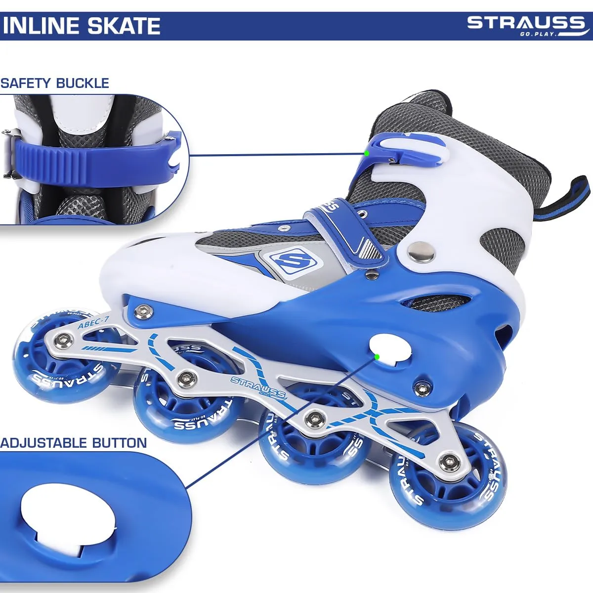 STRAUSS Vortex Adjustable Size Inline Skates | Skating Shoes for Boys & Girls | 4 Wheels |Beginner-Friendly Skating Shoe | Adjustable Roller Blades | Enhanced Stability and Support| Size L,(Blue)