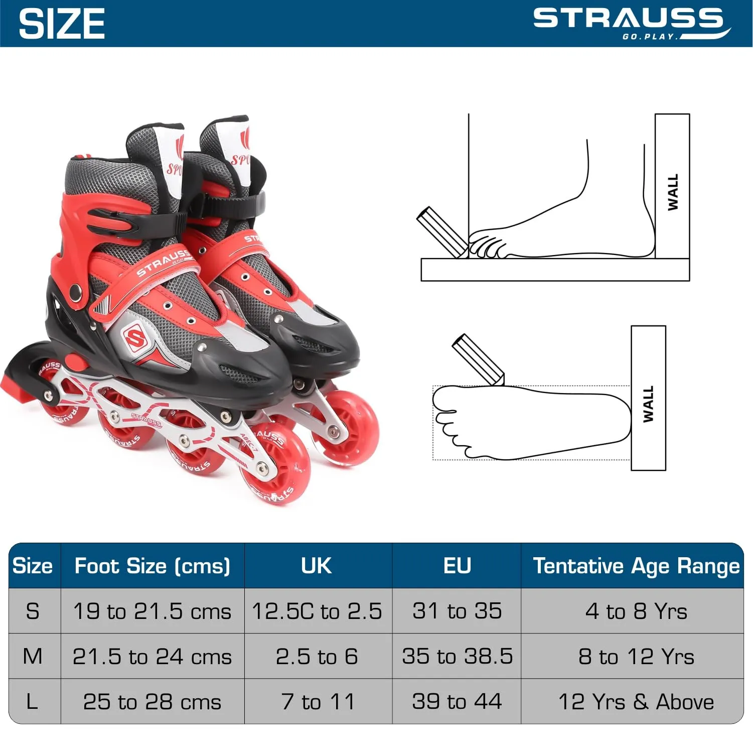 STRAUSS Vortex Adjustable Size Inline Skates | Skating Shoes for Boys & Girls | 4 Wheels |Beginner-Friendly Skating Shoe | Adjustable Roller Blades | Enhanced Stability and Support| Size L,(Red)