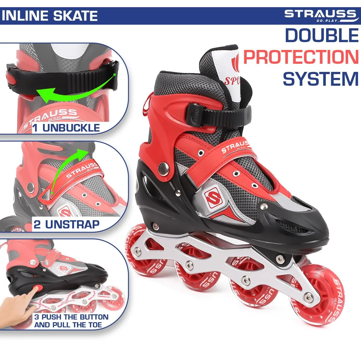 STRAUSS Vortex Adjustable Size Inline Skates | Skating Shoes for Boys & Girls | 4 Wheels |Beginner-Friendly Skating Shoe | Adjustable Roller Blades | Enhanced Stability and Support| Size L,(Red)