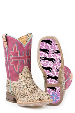 Tin Haul Youth Girls Pink/Cheetah Leather Shiny Cat Cowboy Boots