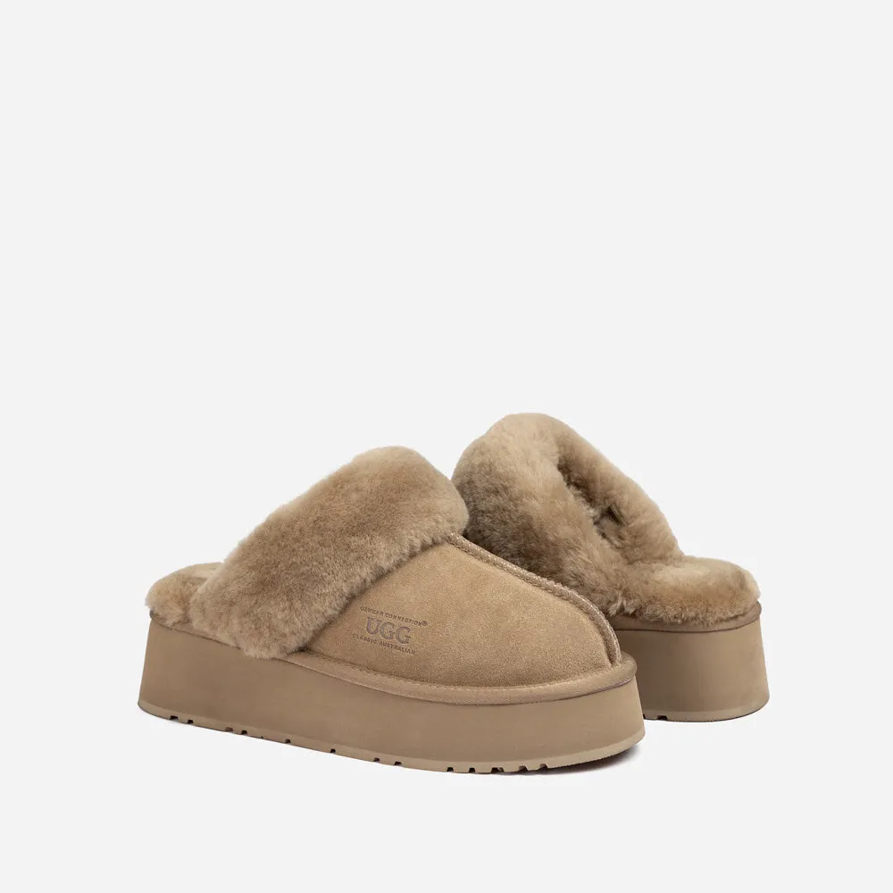 Ugg Platform Slipper (Elastic Logo & Wool Strap) 4.5cm (Detachable Feature)(Water Resistant)