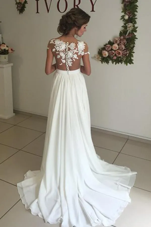 V-neck Cap Sleeves Sweep Train Ivory Wedding Dress with Appliques WD002