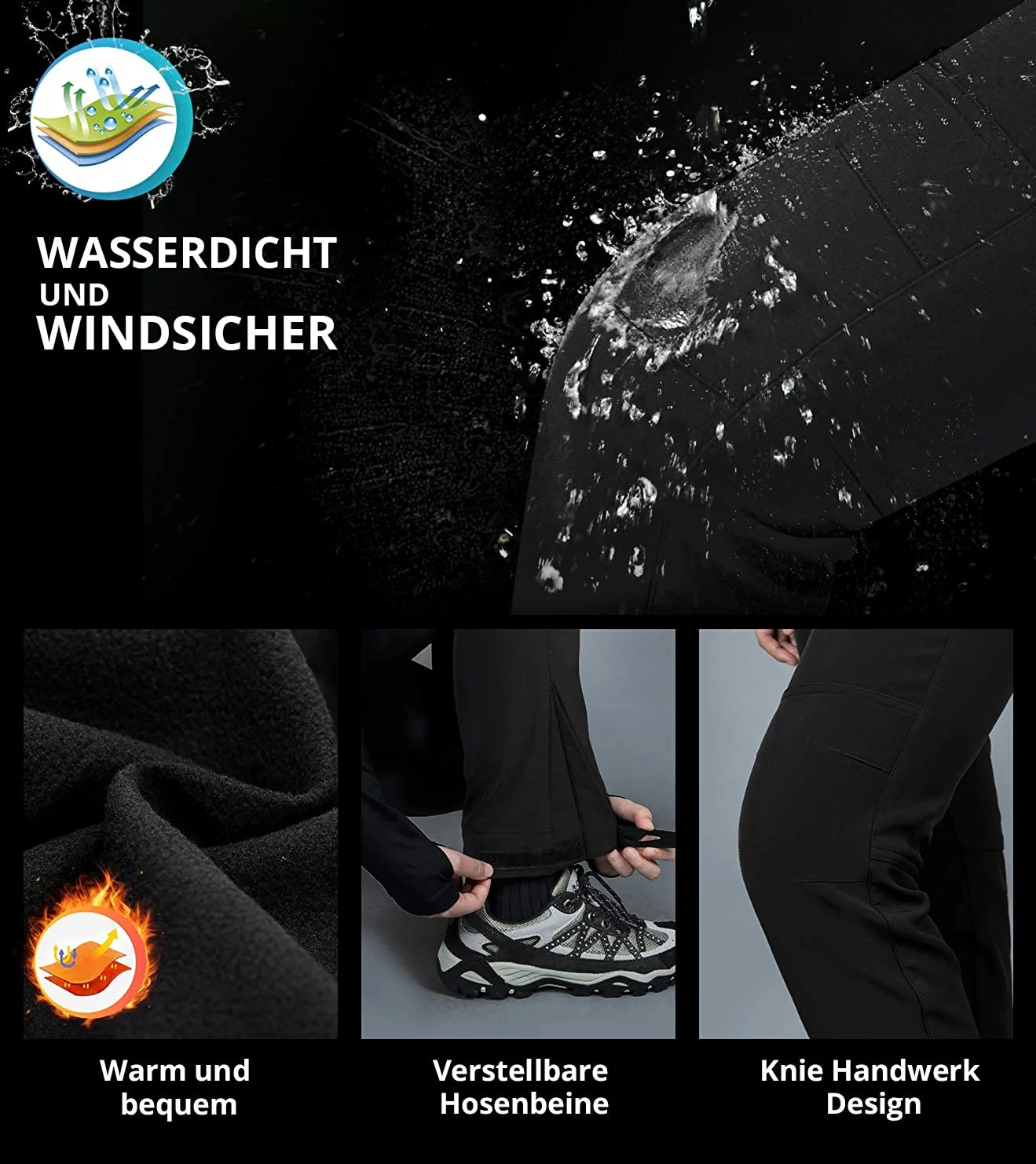 Vzteek Damen-Softshellhose-Thermohose-Wanderhose-Skihose-Wasserdicht-Winter-Warm-Gefüttert Regenhose Trekkinghose Kletterhose Outdoor Hosen für Damen 4 Reißverschlusstaschen