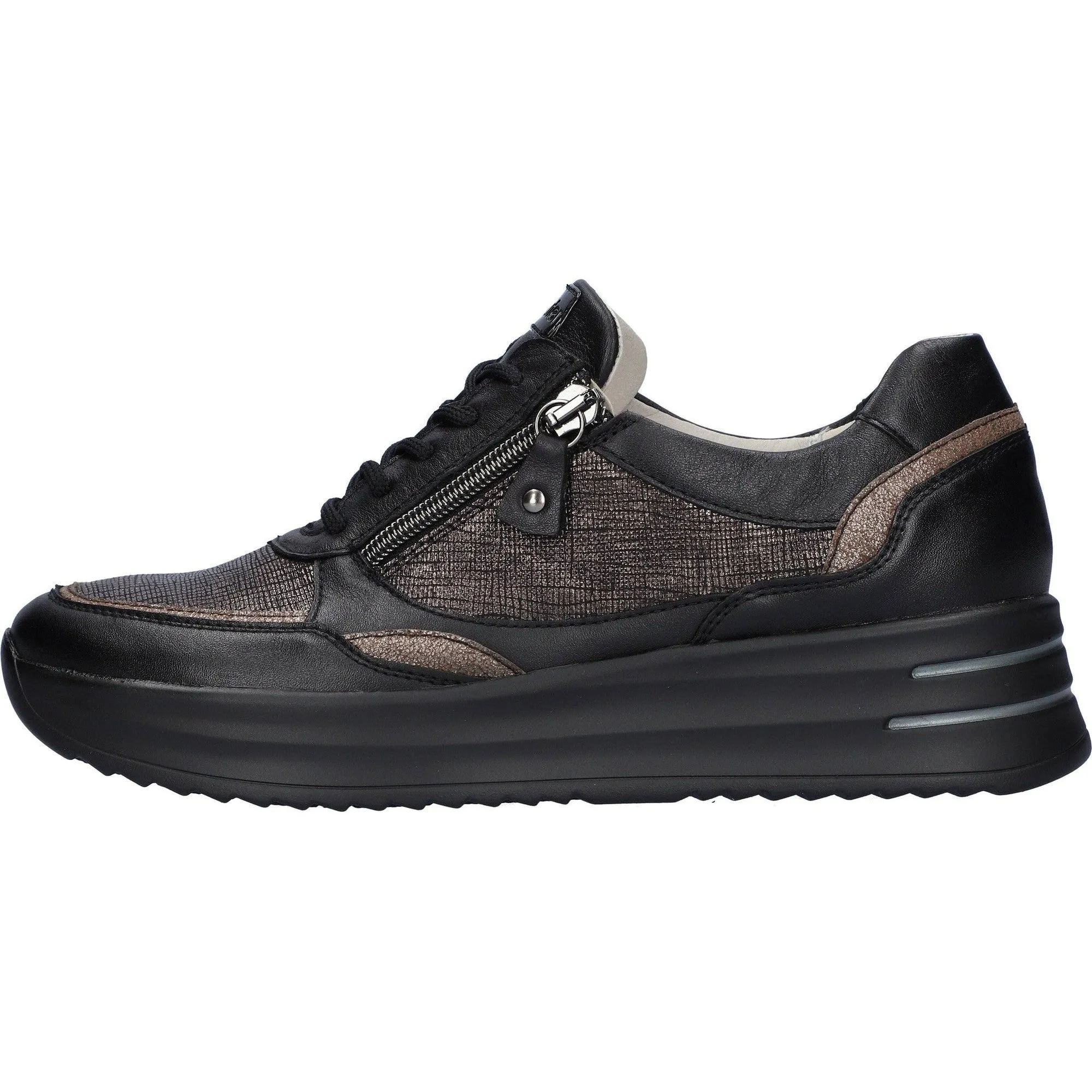 Waldlaufer 755004 310 370 H-Arianna Ladies Black & Bronze Leather Arch Support Zip & Lace Shoes