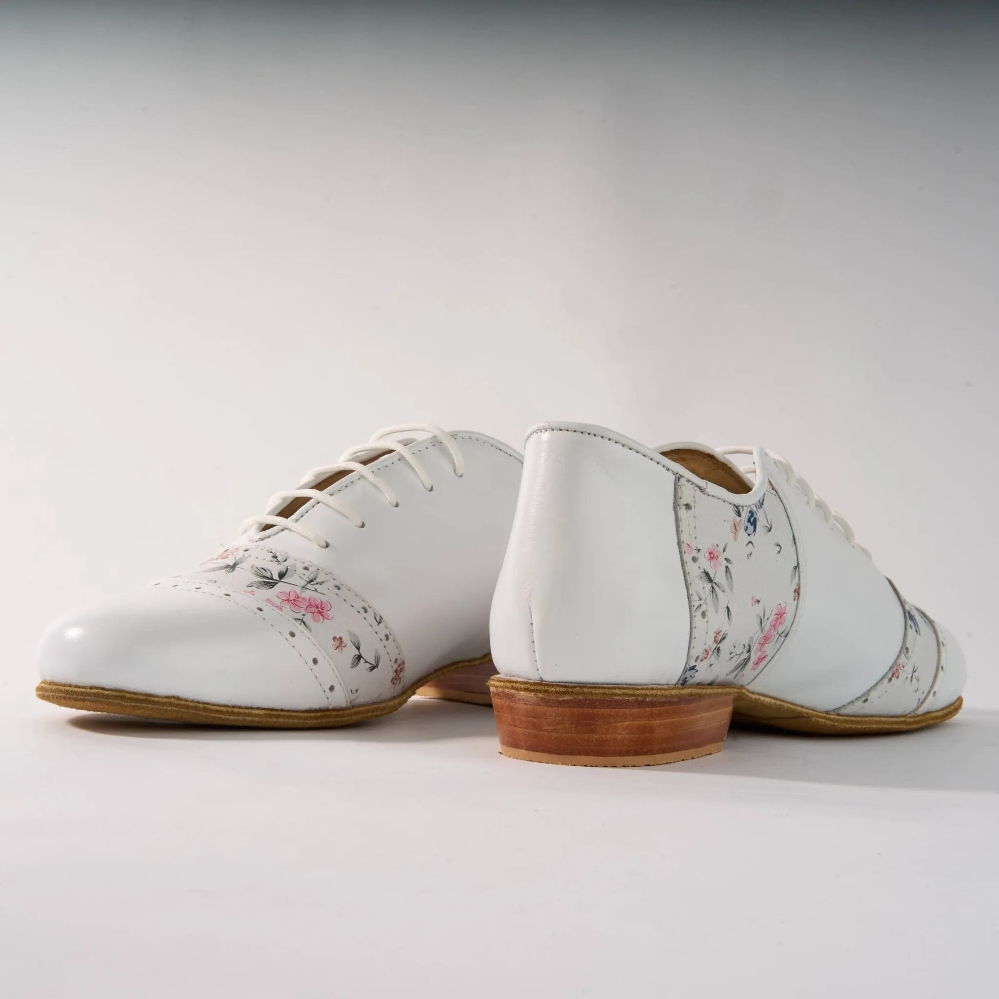 White and Floral Genuine Leather - Handmade Tango Shoes - Rock 3017