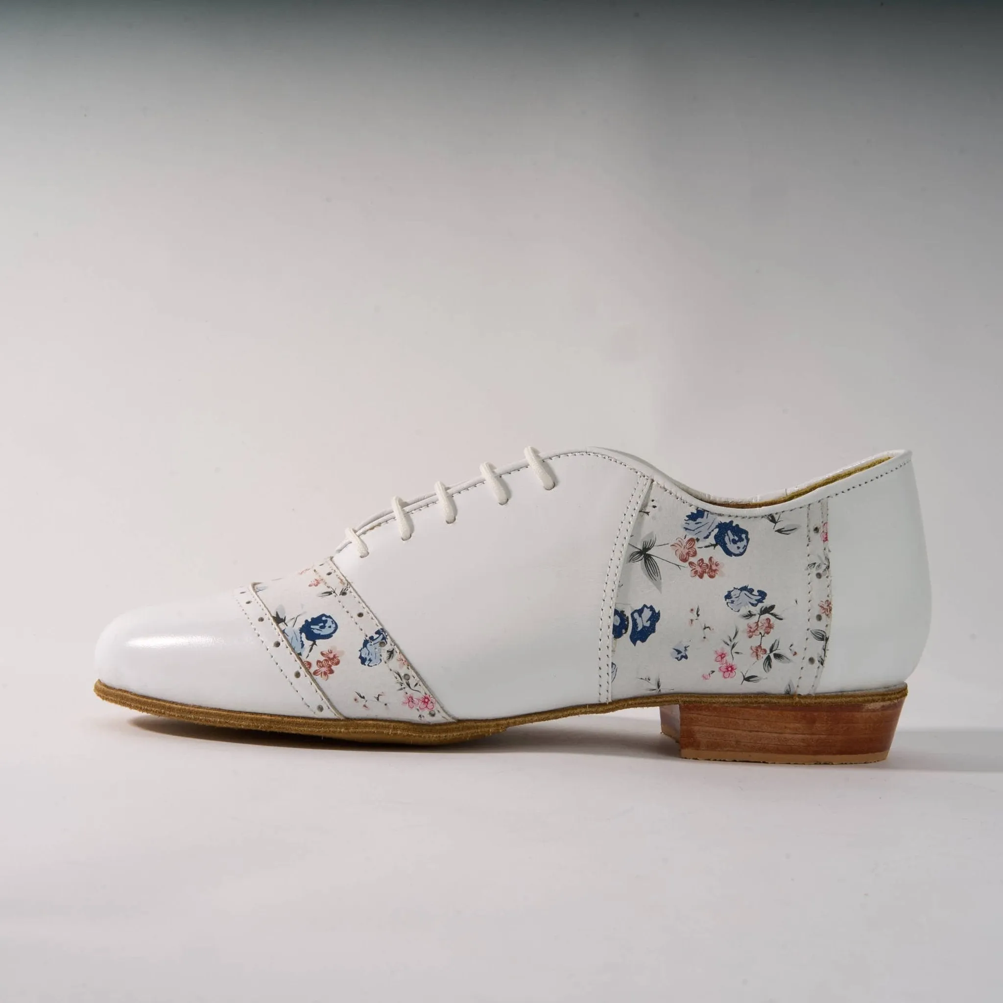 White and Floral Genuine Leather - Handmade Tango Shoes - Rock 3017