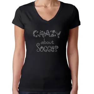 Womens T-Shirt Rhinestone Bling Black Fitted Tee Crazy About Soccer Football