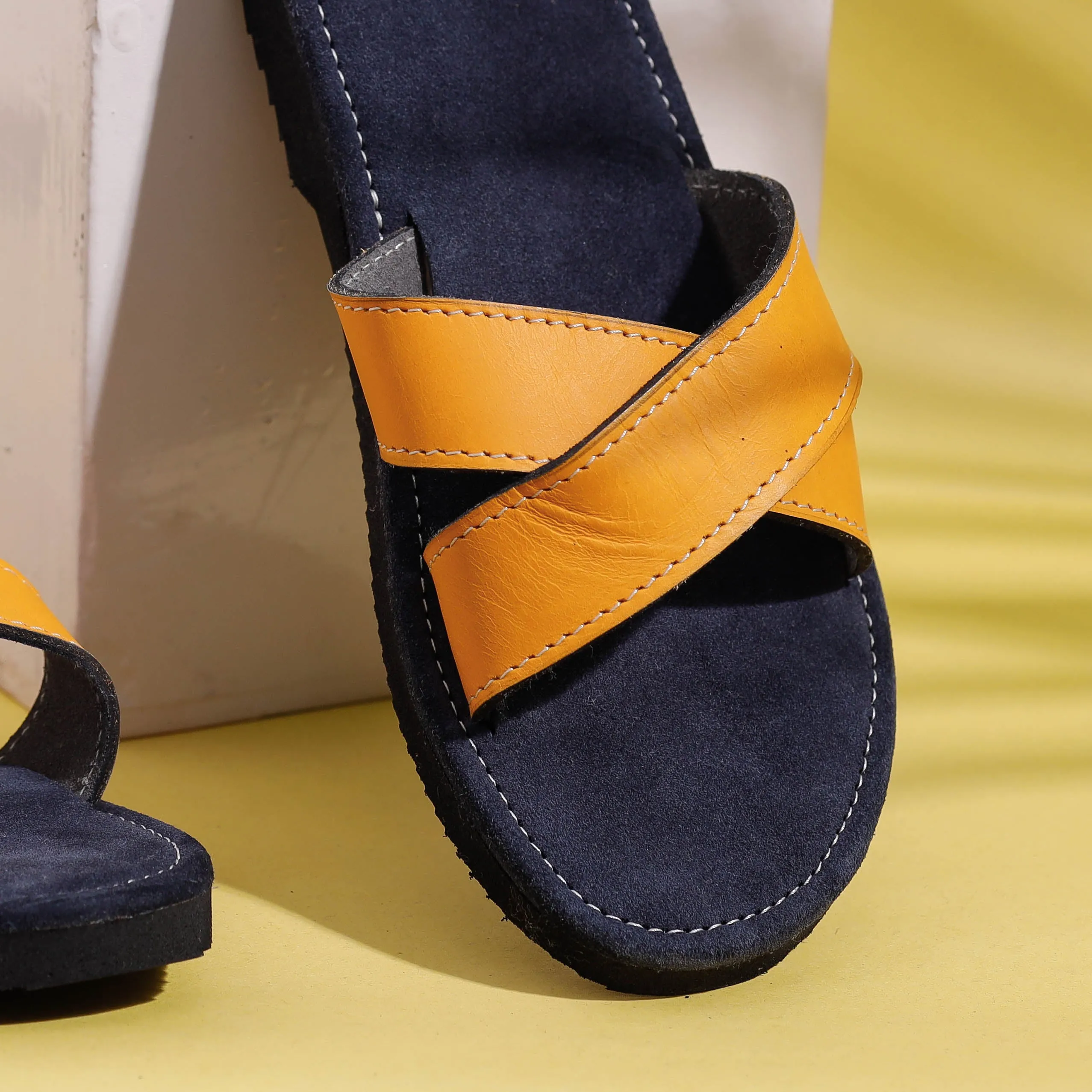 Yellow & Grey Handcrafted Women's Leather Slippers with Suede